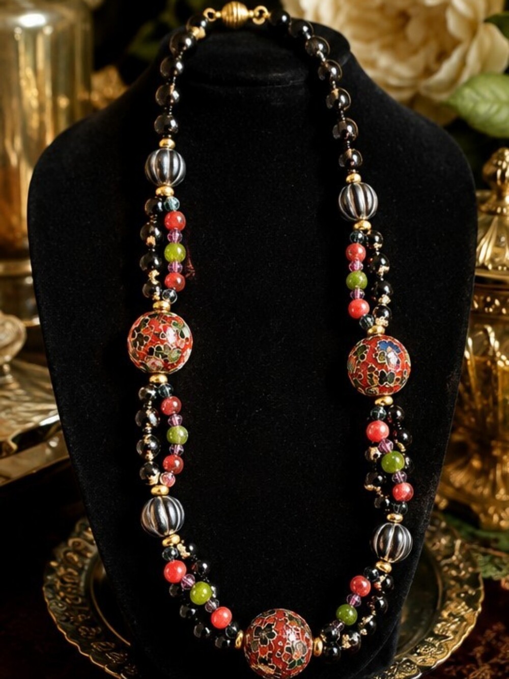 Vintage Cloisonne Enamel Bead Necklace Black Onyx Stone Jade Aventurine Artisan